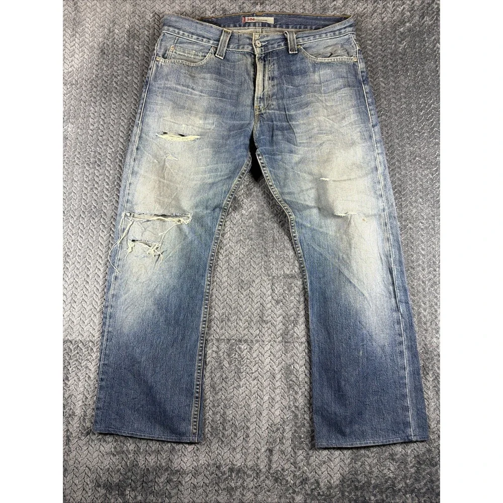 Levis 506 Mens 36x32 Regular Fit Straight Leg Denim‎ Jeans Distressed